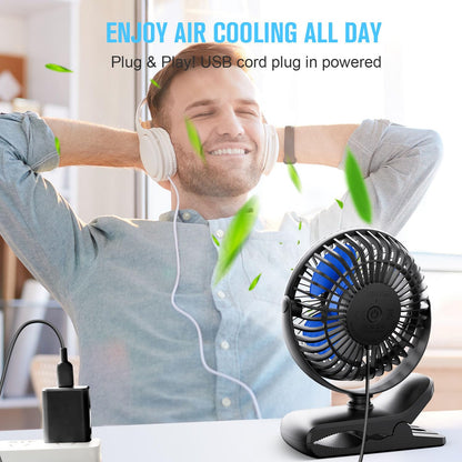 BESKAR USB Powered Clip on Fan, Portable Small Fan with Cord, 3 Speeds Strong Airflow, Personal Fan with Sturdy Clamp, Quiet Desk Fan & Clip Fan