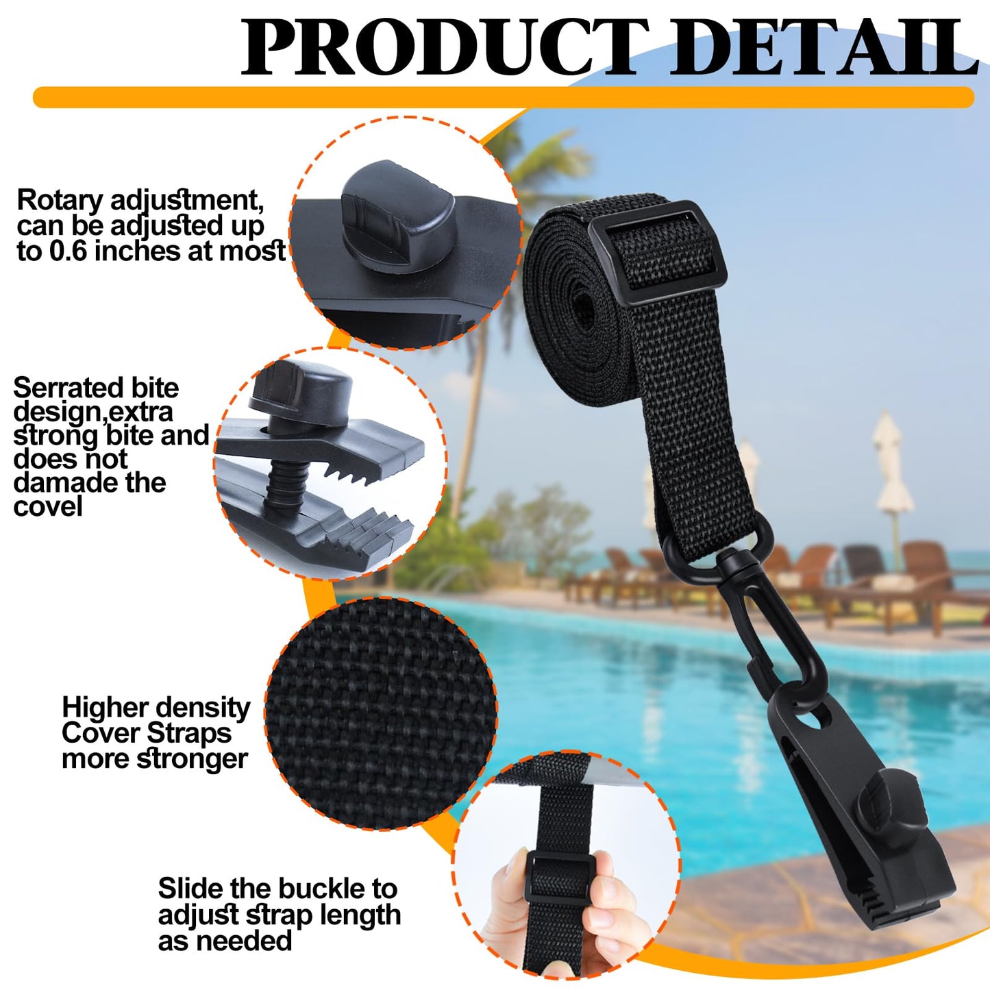30Pcs Upgraded Adjustable Length Pool Solar Cover Reel Strap Pool Cover Reel Attachment Straps Pool Reel Strap Kit Including 10 Solar Cover Reel Blanket Straps with Hooks,10 Clamps,10 Touch Fastener