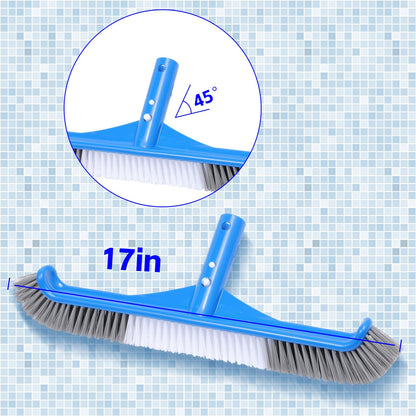 2 Pack Pool Brush, 16.5" Pool Brushes for Wall Cleaning, Premium Nylon Bristles Brush Head with Easy Clip, Curved Ends High-Efficiency Pool Scrub Brush (White, Gray & White)