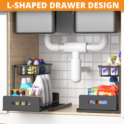 Under Sink Organizer, 2 Tier Kitchen Organizers and Storage, Pull Out Cabinet Organizer for Kitchen, Bathroom, Washroom, Cabinet Cupboard Organizers and Storage (1 Pack - Black)