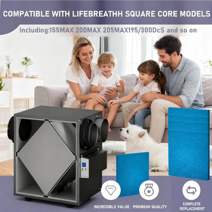 4 Pack 65-160 HRV Replacement Filter Compatible with Lifebreath 150/195/200/300 Heat Recovery Ventilator, Reusable Square Air Exchanger Filter, Improves Indoor Air Quality