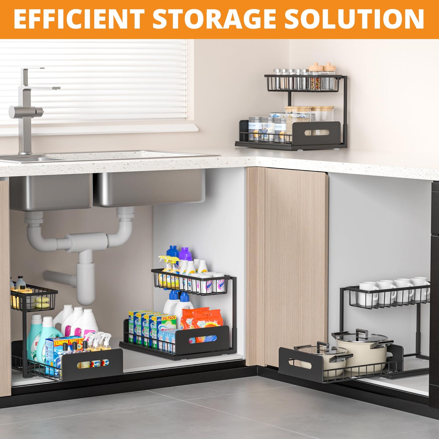 Under Sink Organizer, 2 Tier Kitchen Organizers and Storage, Pull Out Cabinet Organizer for Kitchen, Bathroom, Washroom, Cabinet Cupboard Organizers and Storage (1 Pack - Black)