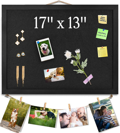 Black Bulletin Board Cork Boards with Felt, 17"x13" Small Display Pin Board Vision Board for Walls, Jewelry, Notes, Collection, Photos, Office, Wood Framed(Black) & Felt(Black), 1pc