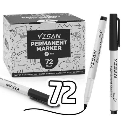 YISAN Permanent Markers Bulk,72 Pack Fine Tip Black Permanent Markers,Quick Drying Ink,Works on paper,Plastic,Stone,Glass,Metal,71501