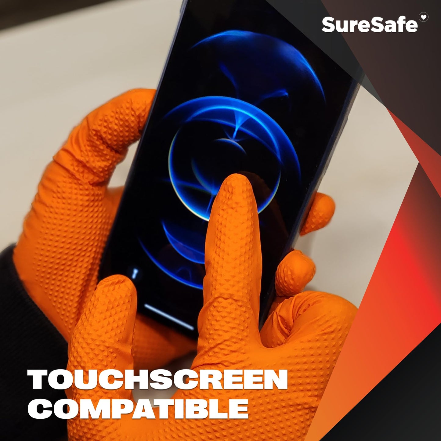 [100 Pack] SURESAFE 8 Mil Nitrile Gloves Large, Orange Mechanic Gloves Disposable Heavy Duty, Powder & Latex Free, Diamond Grip, Fully Textured & Ribbed, For Work, Mechanics, Plumbing, Food Prep