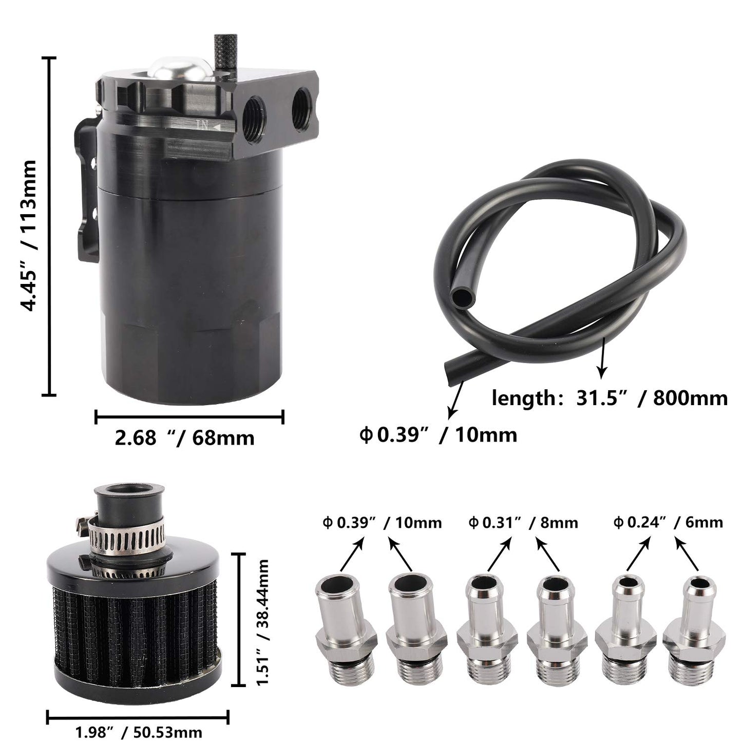 Yaesport Baffled Universal Aluminum Oil Catch Can Reservoir Tank with Breather Filter (300ml, Black)