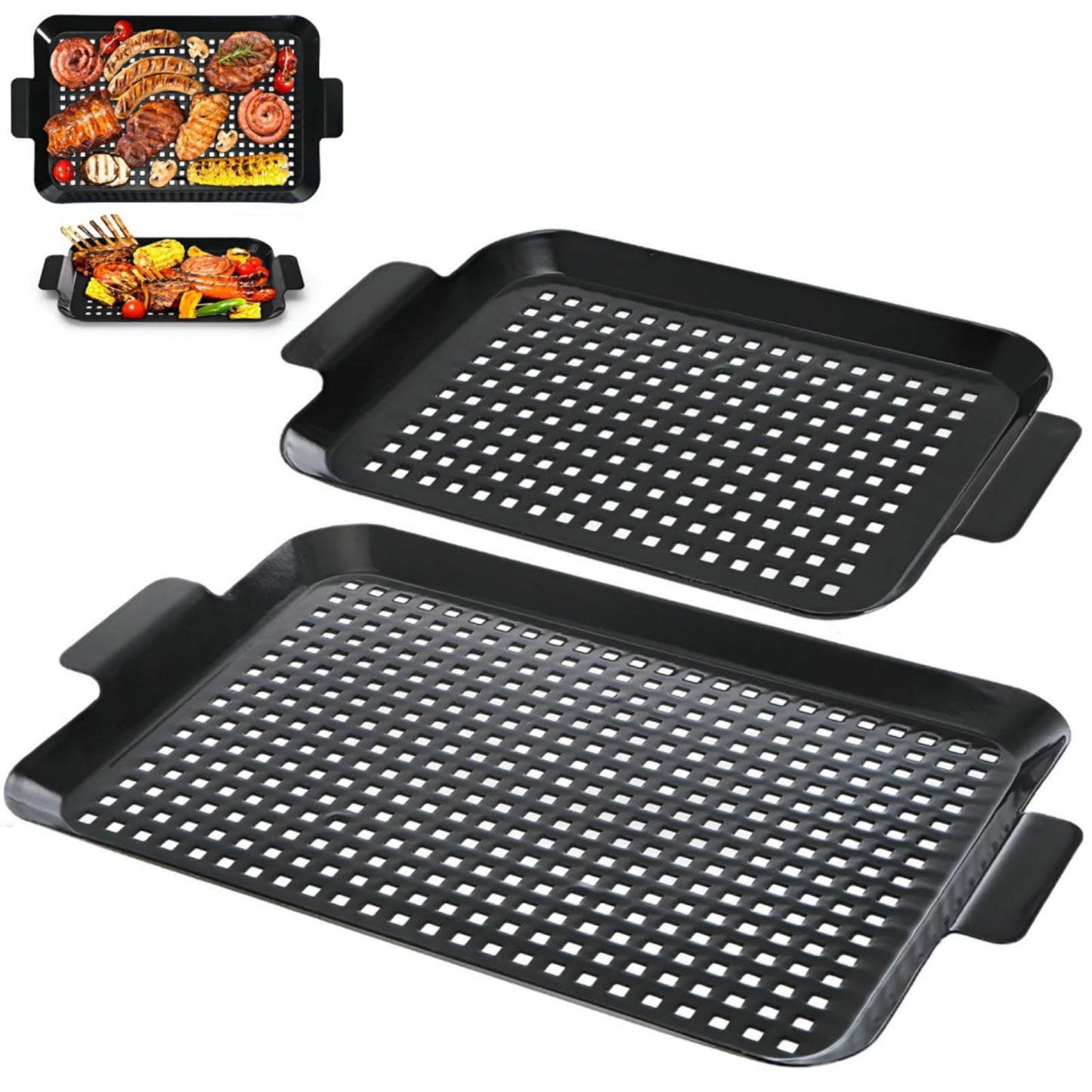 Covzoe 2 Pack Grill Topper Pans, Nonstick Barbecue Grilling Baskets with Perforated Bottom, Heavy Duty Carbon Steel Grilling Tray for Outdoor Cooking and Camping, Black