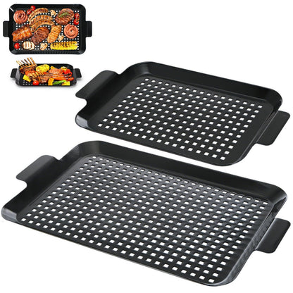 Covzoe 2 Pack Grill Topper Pans, Nonstick Barbecue Grilling Baskets with Perforated Bottom, Heavy Duty Carbon Steel Grilling Tray for Outdoor Cooking and Camping, Black