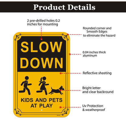 Danoib 2-Pack Slow Down Signs, Kids and Pets at Play Sign 18"x12" Reflective Aluminum Sign, Easy to Assemble, Waterproof, Weather Resistant, Non-Fading