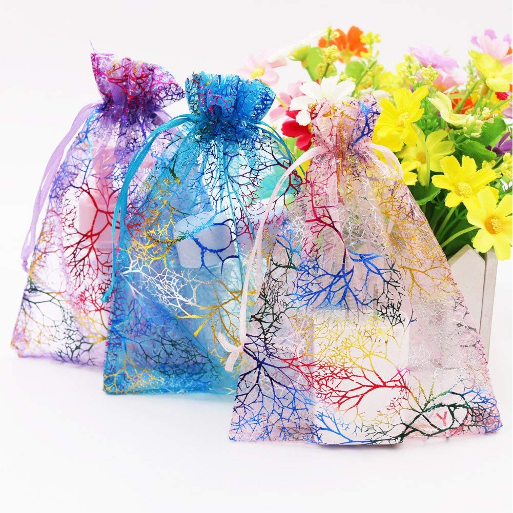 SumDirect 100Pcs 5x7 Inches Organza Gift Bags with Drawstring Jewelry Favor Pouches with Coralline Printing for Gift, Wedding, Party, Festival, Birthday