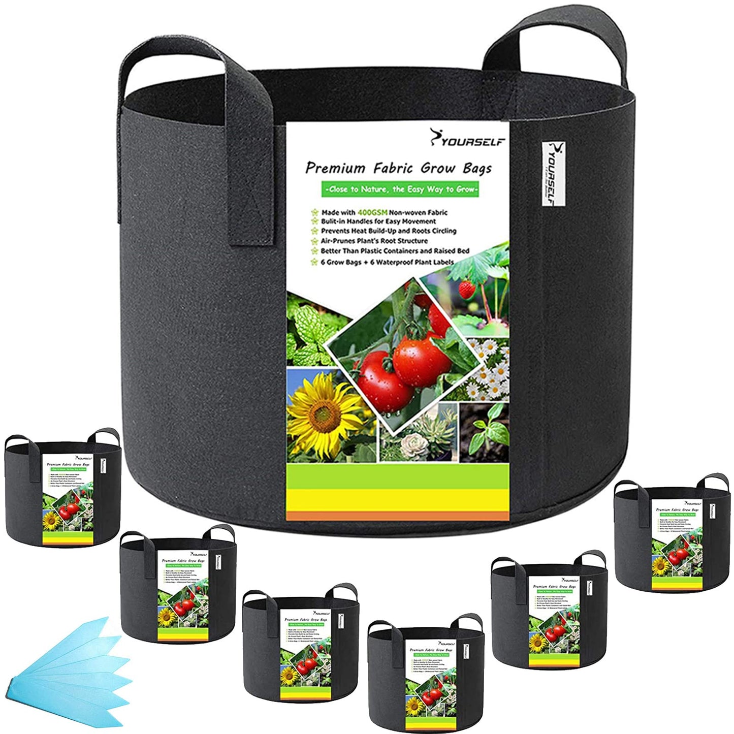 SYOURSELF 6 Pack Grow Bags 5 Gallon Fabric Pots ,Thickened Nonwoven Grow Bag with Handles ,Fabric Pots for Vegetable Flower Tomato Potato Garlic Indoor Outdoor Plants +6 Waterproof Garden Lables