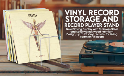 Decibelvibe Vinyl Record Storage and Now Playing Display with Stainless Steel and Solid Walnut Wood Premium Design, Up to 75 Vinyl records, for Living Room or Hifi Room