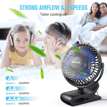 BESKAR USB Powered Clip on Fan, Portable Small Fan with Cord, 3 Speeds Strong Airflow, Personal Fan with Sturdy Clamp, Quiet Desk Fan & Clip Fan