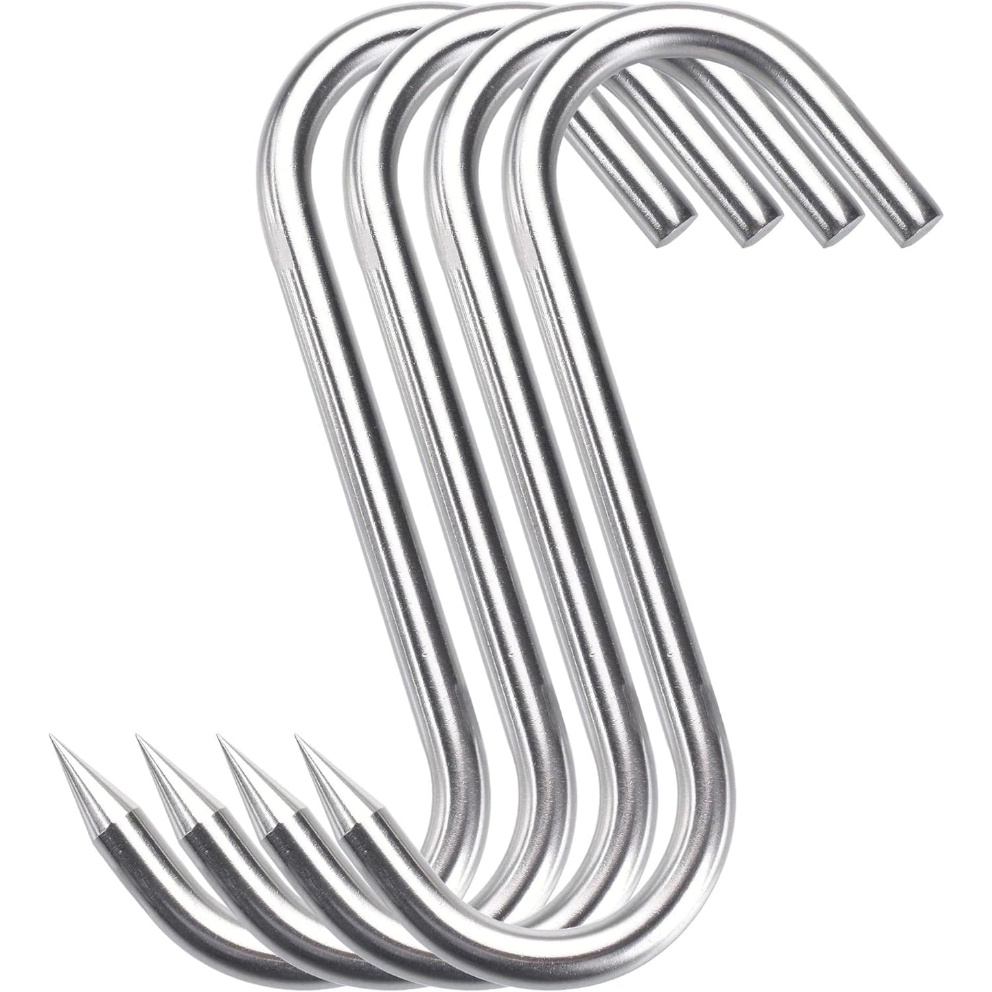(4Pack) 8 Inch S-Hook Meat Hooks Heavy Duty Stainless Steel Meat Processing Butcher Hook Hanging Drying BBQ Grill Cooking Metal Meat Hooks for Butcher, Farmer, Hunter（10mm-8inch）
