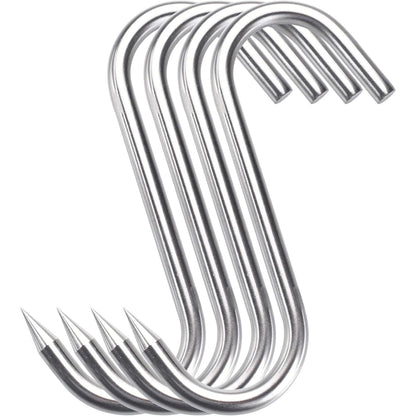 (4Pack) 8 Inch S-Hook Meat Hooks Heavy Duty Stainless Steel Meat Processing Butcher Hook Hanging Drying BBQ Grill Cooking Metal Meat Hooks for Butcher, Farmer, Hunter（10mm-8inch）