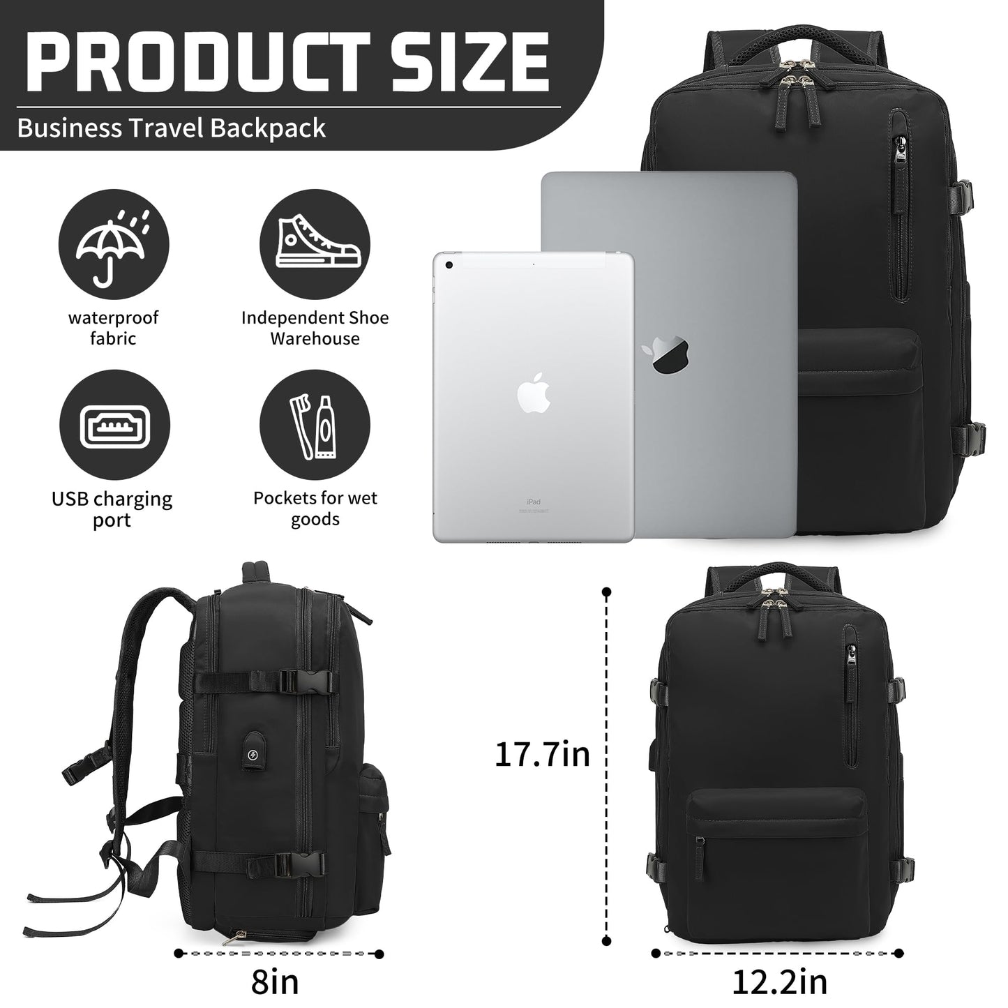 Carry on Backpack for Women Men, Travel Backpack with Shoe Compartment & Wet Pocket, College Business Laptops Backpack with USB Charging Port Waterproof Casual Daypack Luggage for Sports Travel, Black