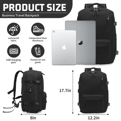 Carry on Backpack for Women Men, Travel Backpack with Shoe Compartment & Wet Pocket, College Business Laptops Backpack with USB Charging Port Waterproof Casual Daypack Luggage for Sports Travel, Black