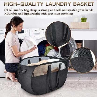2pcs Mesh pop up Laundry Hamper,Easy to Collapsible Laundry Basket, portable with Strong Handles clothes Hamper,Honeycomb Mesh-Breathable for Laundry,Bathroom,RV,Travel (Black)