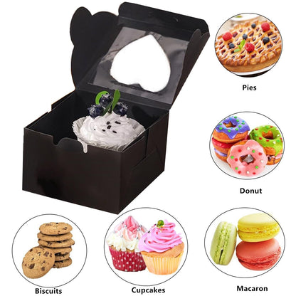 Gbateri 50 PCS Small Bakery Boxes with Window 4x4x2.5 Inch - Mini Cake Boxes- 4 Inch Cookie Pastry Boxes - Small Treat Box - Dessert Box for Cupcakes Donuts Strawberries Muffins (Black)