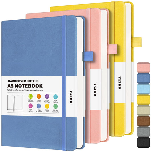 Bullet Dotted Journal Notebook, A5 Dotted Journal with 120gsm Paper, Leather Dotted Notebook, Hardcover Dot Grid Notebook Each with 156 Nmubered Pages, Dot Journal for Women, Men 5.75" × 8.38" (Blue+Pink+Yellow, A5 Dotted)