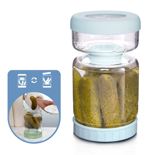 WhiteRhino Glass Pickle Container with Strainer,Olive Hourglass Jar,Pickle Jar Upside Down Kimchi for Jalapenos,Leakproof Airtight Lids and Refrigerator Dishwasher Safe (Blue/34oz)