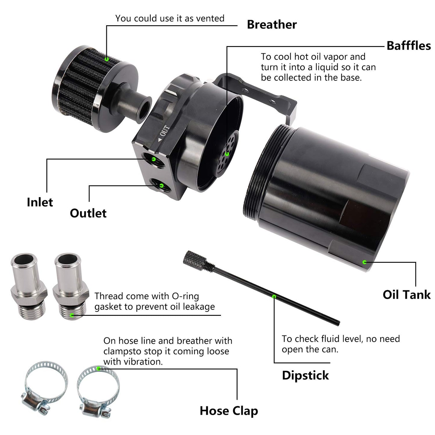 Yaesport Baffled Universal Aluminum Oil Catch Can Reservoir Tank with Breather Filter (300ml, Black)