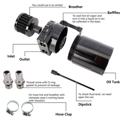 Yaesport Baffled Universal Aluminum Oil Catch Can Reservoir Tank with Breather Filter (300ml, Black)