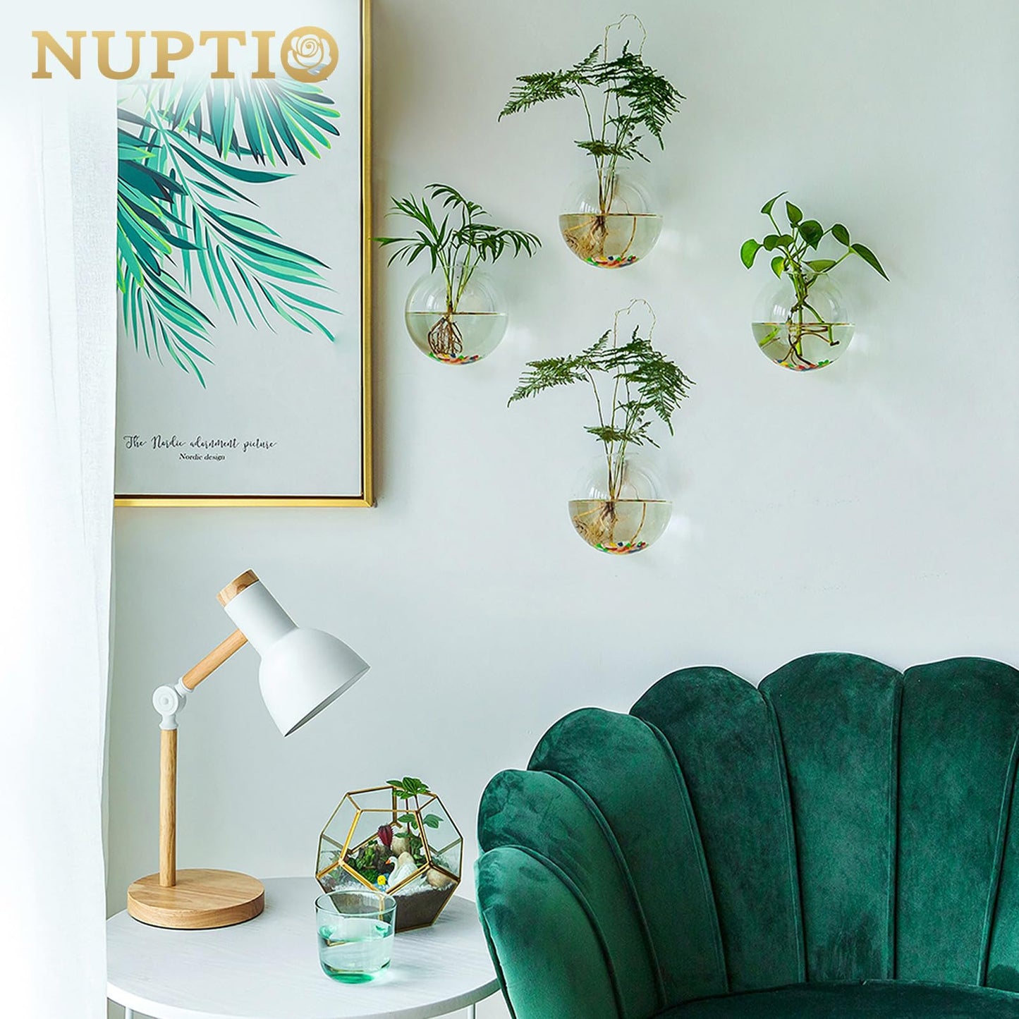 NUPTIO Wall Hanging Planters Terrarium: 4Pcs Clear Glass Wall-Mounted Vases for Indoor Office Garden Living Room - Oblate Plant Pots Hydroponic Containers Propagation Stations for Flowers