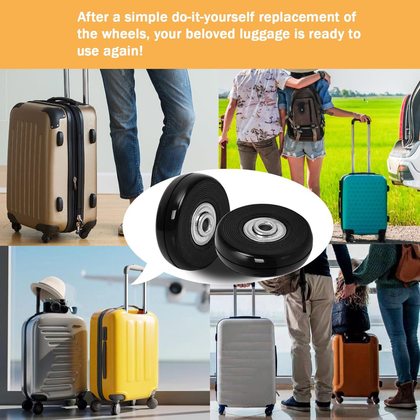 50mm x 14mm Luggage Wheel Replacement Kit 8Pcs Rubber Suitcase Wheels with Saw&50mm Axles Repair Kit for Luggage Bags Trolley Case