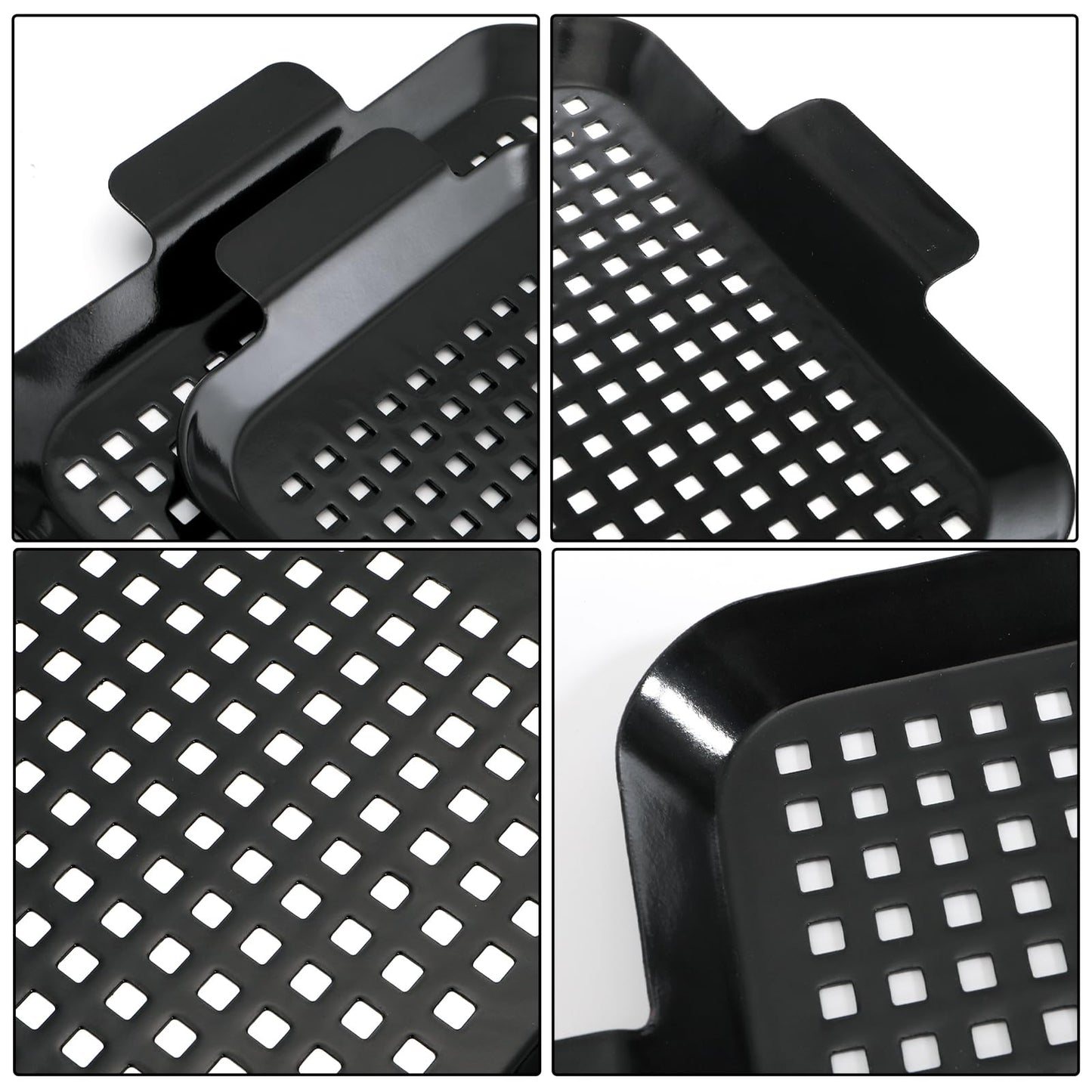 Covzoe 2 Pack Grill Topper Pans, Nonstick Barbecue Grilling Baskets with Perforated Bottom, Heavy Duty Carbon Steel Grilling Tray for Outdoor Cooking and Camping, Black