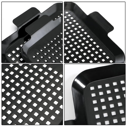 Covzoe 2 Pack Grill Topper Pans, Nonstick Barbecue Grilling Baskets with Perforated Bottom, Heavy Duty Carbon Steel Grilling Tray for Outdoor Cooking and Camping, Black