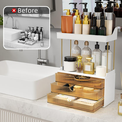 3 Drawers Makeup Organizer - 5 Tier Bathroom Organizers and Storage, Stackable Versatile Perfume Vanity Organizer, Ideal for Cosmetic, Large Skincare, Face Mask, Office Supplies, Amber