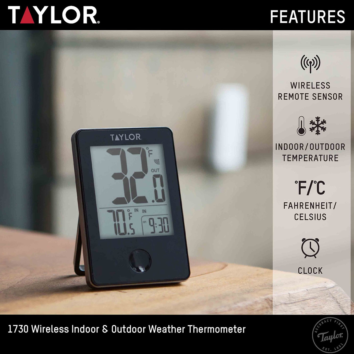 Taylor Precision Products 1730 Indoor/Outdoor Wireless Digital Thermometer with Remote, Black, one Size