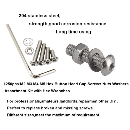 HanTof 1250Pcs 304 Stainless Steel M2 M3 M4 M5 Hex Button Head Cap Screws,Hex Socket Machine Screws, Hex Socket Bolts,Nuts and Washers Assortment Set Kit with 4 Hex Wrenches