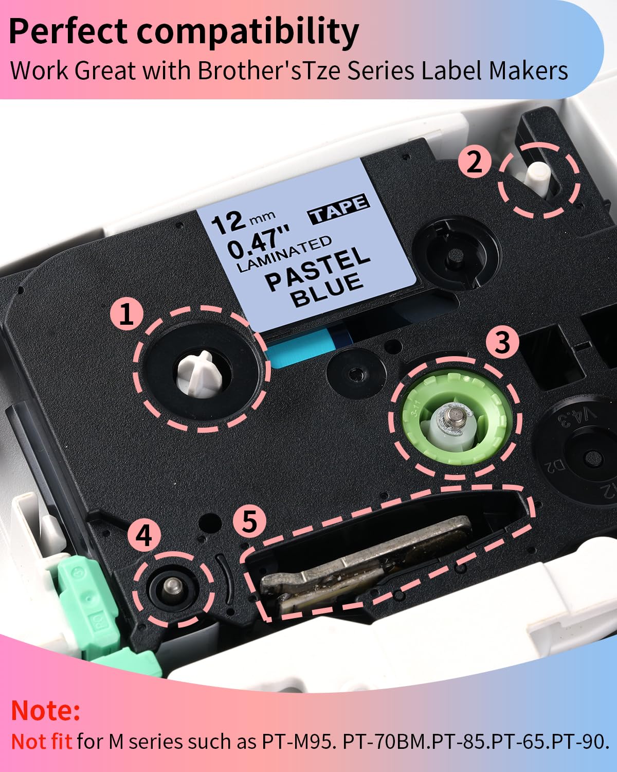 5-Pack Compatible with Brother TZe TZ Tape P Touch Label Tape 12mm 0.47 Laminated Label Maker Tape, for Ptouch PT-D210 PT-H110 PT-D220 PTD610BT D400 D600, White/Berry Pink/Purple/Pink/Blue