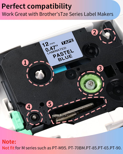 5-Pack Compatible with Brother TZe TZ Tape P Touch Label Tape 12mm 0.47 Laminated Label Maker Tape, for Ptouch PT-D210 PT-H110 PT-D220 PTD610BT D400 D600, White/Berry Pink/Purple/Pink/Blue