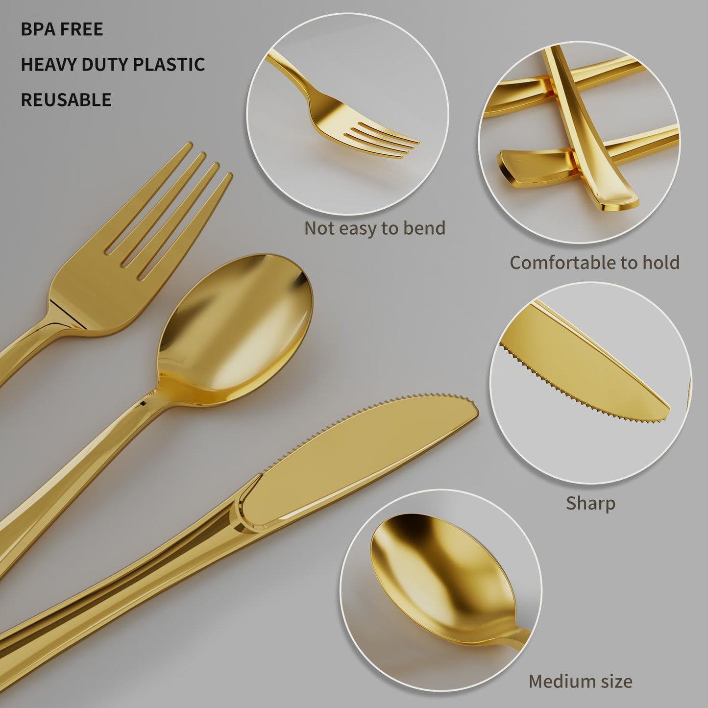PYAILI Plastic Cutlery Sets - 120 Piece Gold Heavyweight Cutlery Set，Reusable Plastic Flatware Includes 40 Forks, 40 Spoons, 40 Knives，Perfect Gold Plastic Cutlery