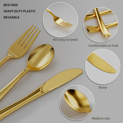 PYAILI Plastic Cutlery Sets - 120 Piece Gold Heavyweight Cutlery Set，Reusable Plastic Flatware Includes 40 Forks, 40 Spoons, 40 Knives，Perfect Gold Plastic Cutlery