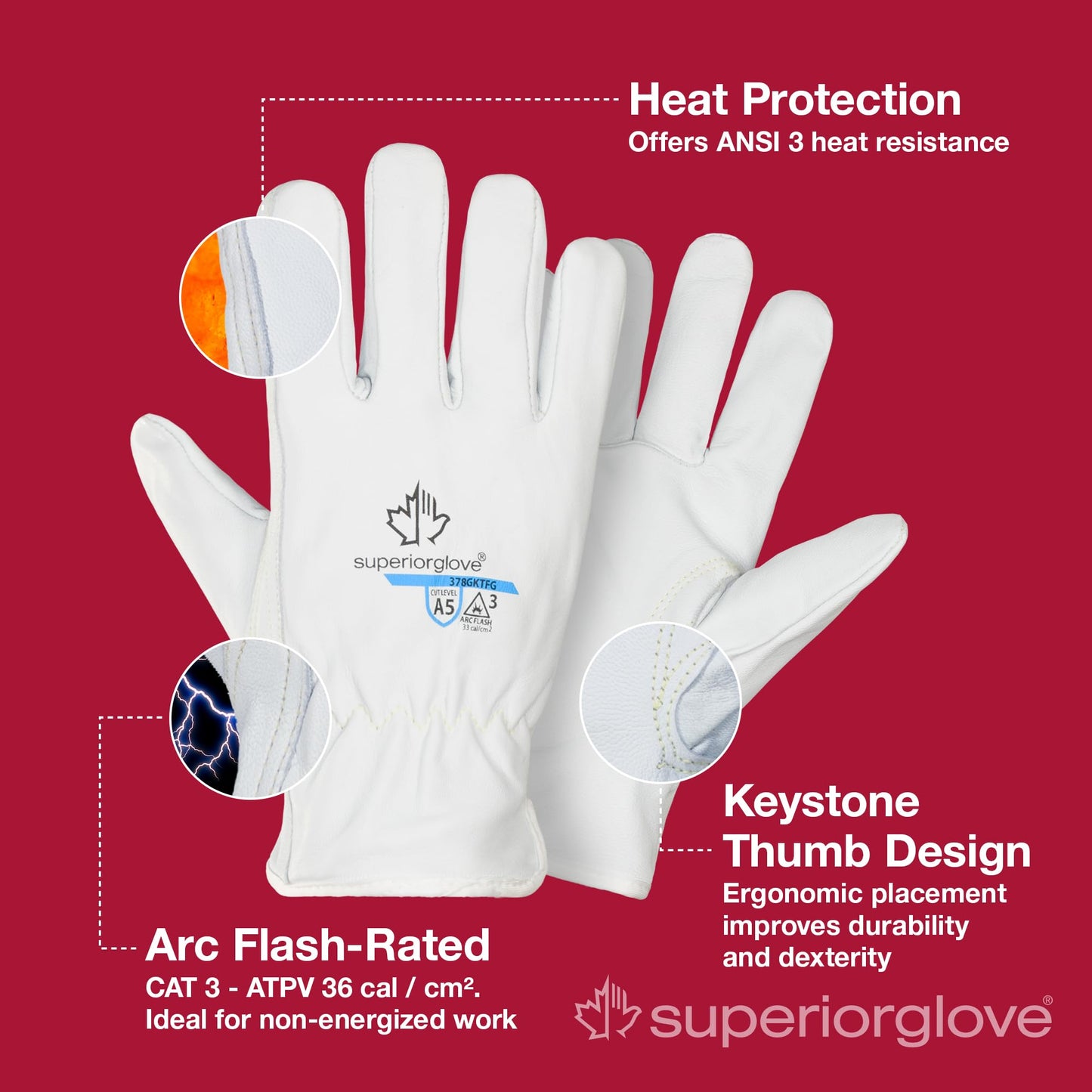 Superior 378GKTFG Grain Goatskin Leather Drivers Glove with Keystone Thumb and Kevlar/Glass Lined Size M