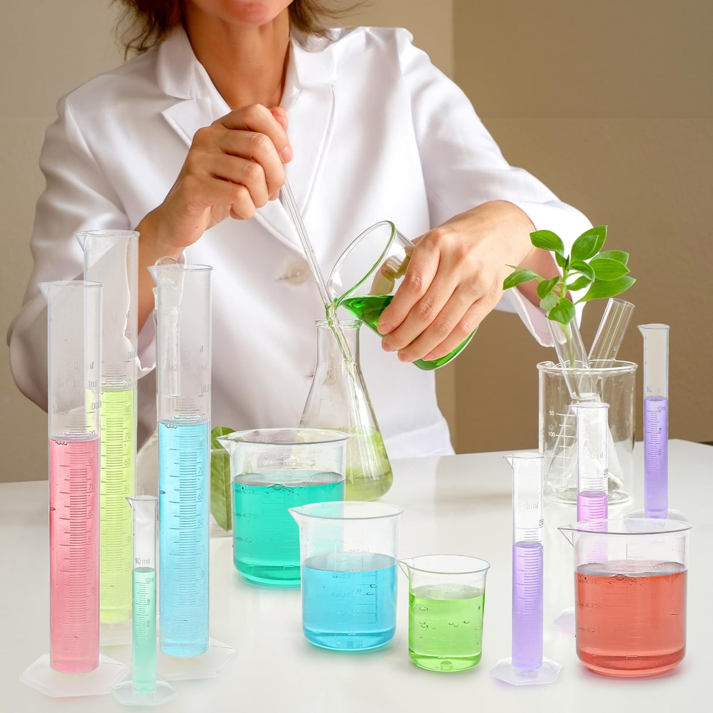 Bekith 18 Pack Plastic Clear Graduated Cylinders and Measuring Beakers Set, 10ml, 25ml, 50ml, 100ml Cylinders with 50ml, 100ml, 250ml, 500ml, 1000ml Beakers