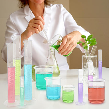 Bekith 18 Pack Plastic Clear Graduated Cylinders and Measuring Beakers Set, 10ml, 25ml, 50ml, 100ml Cylinders with 50ml, 100ml, 250ml, 500ml, 1000ml Beakers
