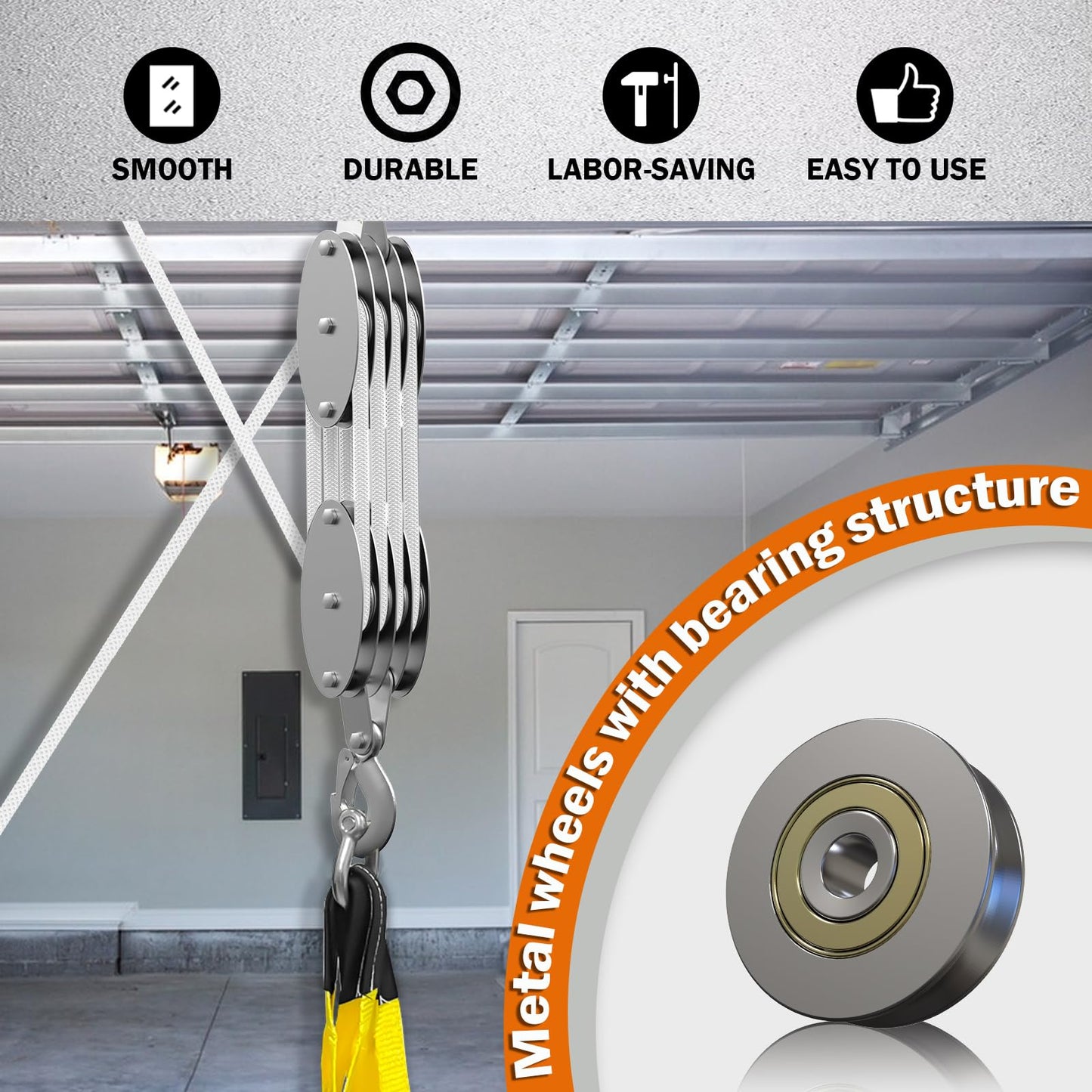 Upgraded Rope Pulley Hoist 4400 LB, 8:1 Lifting Power Pulley Block and Tackle System, Pulley Block 2200LB Loading Capacity, 65ft Heavy Duty Rope Hoist for Hunting Garage Warehouse
