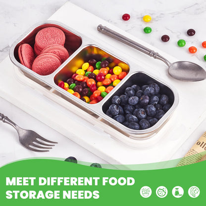 2 PACK Stainless Steel Snack Containers with Lids, 600ML 3 Compartments Divided, Reusable Leakproof Home Food Storage Containers, Grab and Go Lunch Box for Kids
