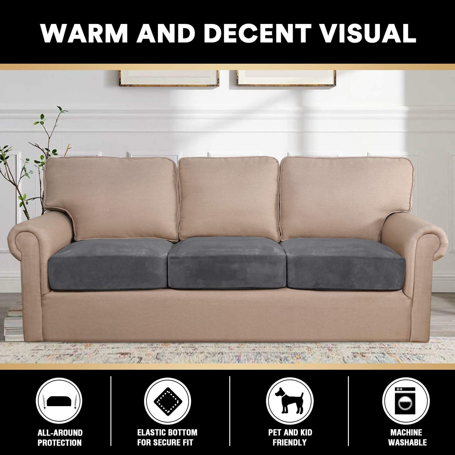 Stretch Velvet Couch Cushion Covers for Individual Cushions Sofa Cushion Covers Seat Cushion Covers, Thicker Bouncy with Elastic Edge Cover up to 10 Inch Thickness Cushions (3 pieces, Grey)