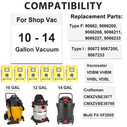 6 Pack Shop Vac Bags 10-14 Gallon, Vacuum Bags Compatible with Shop vac Type I 90672 9067200, Type F 90662 9066200 9066233, Double Layer Disposable Dust Collection Bags Wet/Dry Vacuums