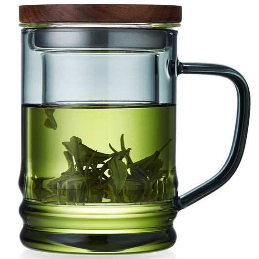 Unbreakable Glass Tea Cup with Infuser and Lid - 15oz Tea Mug for Loose Leaf Tea, Infusion Mug with Glass Filter and Wooden Lid