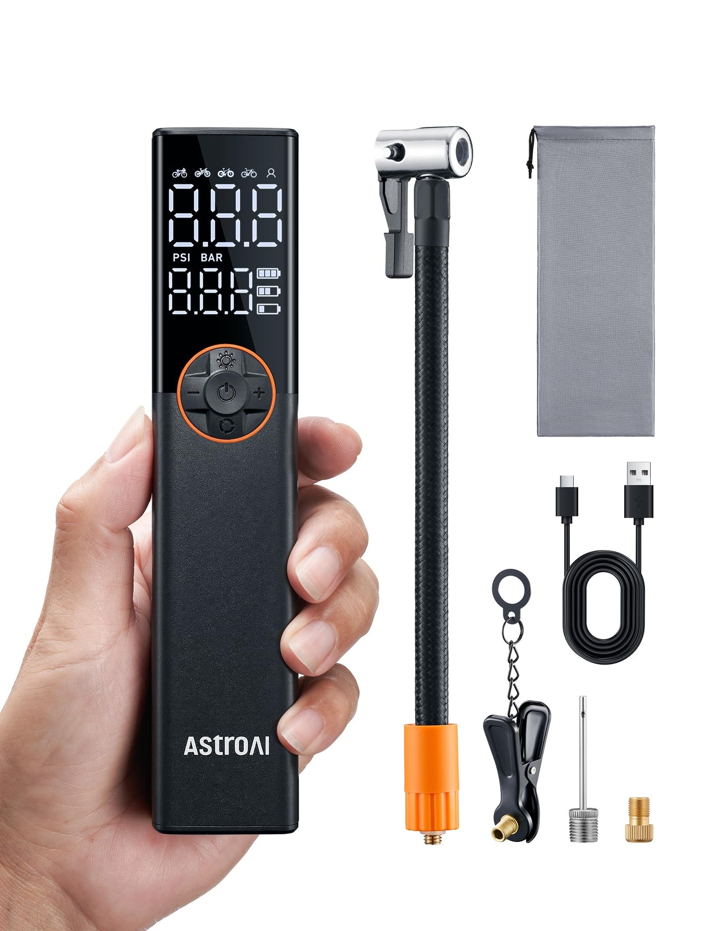 AstroAI L8 Electric Bike Pump, Portable Bicycle Tire Inflator with Pressure Gauge and Auto Shut-Off, 150 PSI Powerful Motor Mini Air Pump for Road, Mountain & E-Bike with Presta and Schrader Valves