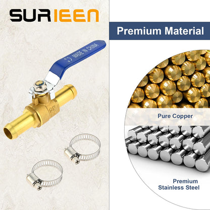 SURIEEN Brass Hose Barb Ball Valve Kit, 2pcs 5/8" Heater Hose Shut Off Valve with Stainless Steel Clamps, Brass Barb Air Ball Valve for Water Oil Gas Fuel Shut Cut Off 16mm Pex Tubing