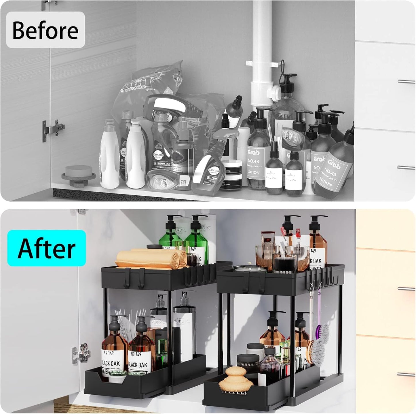 artzon 2 Pack Under Sink Organizers and Storage, 2-Tier Sliding Cabinet Basket Organizer with Hooks, Multi-Purpose Under Sink Organizers and Storage for Bathroom Kitchen