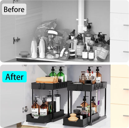 artzon 2 Pack Under Sink Organizers and Storage, 2-Tier Sliding Cabinet Basket Organizer with Hooks, Multi-Purpose Under Sink Organizers and Storage for Bathroom Kitchen
